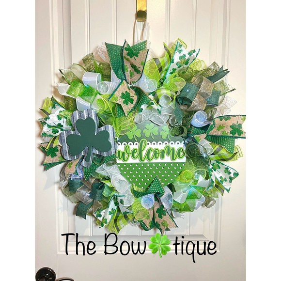 Handmade St. Patrick’s Welcome Ribbon Prelit Wreath 22 ins LED W6 - Picture 1 of 9